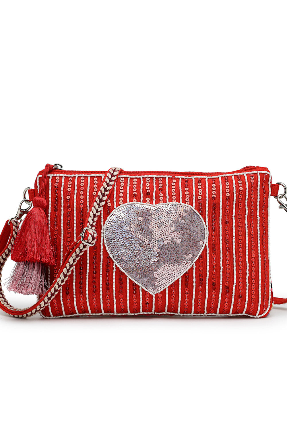 Red Heart Embellished Cotton Canvas & Jacquard Sling Bag