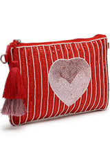 Red Heart Embellished Cotton Canvas & Jacquard Sling Bag