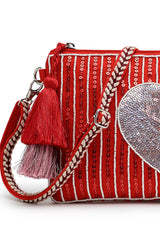 Red Heart Embellished Cotton Canvas & Jacquard Sling Bag