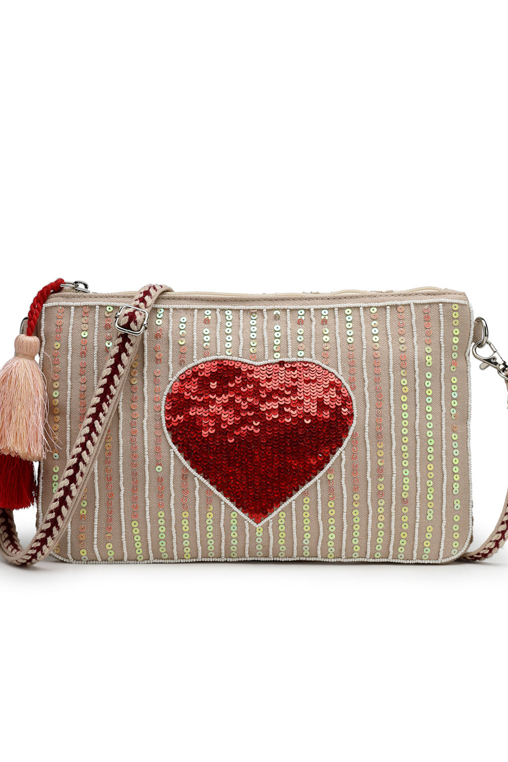 Beige Heart Embellished Cotton Canvas & Jacquard Sling Bag