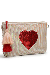 Beige Heart Embellished Cotton Canvas & Jacquard Sling Bag