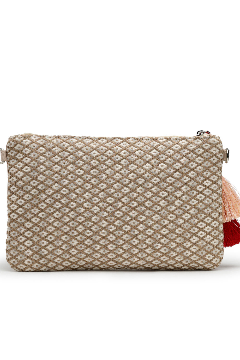 Beige Heart Embellished Cotton Canvas & Jacquard Sling Bag