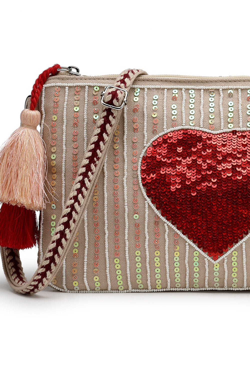 Beige Heart Embellished Cotton Canvas & Jacquard Sling Bag