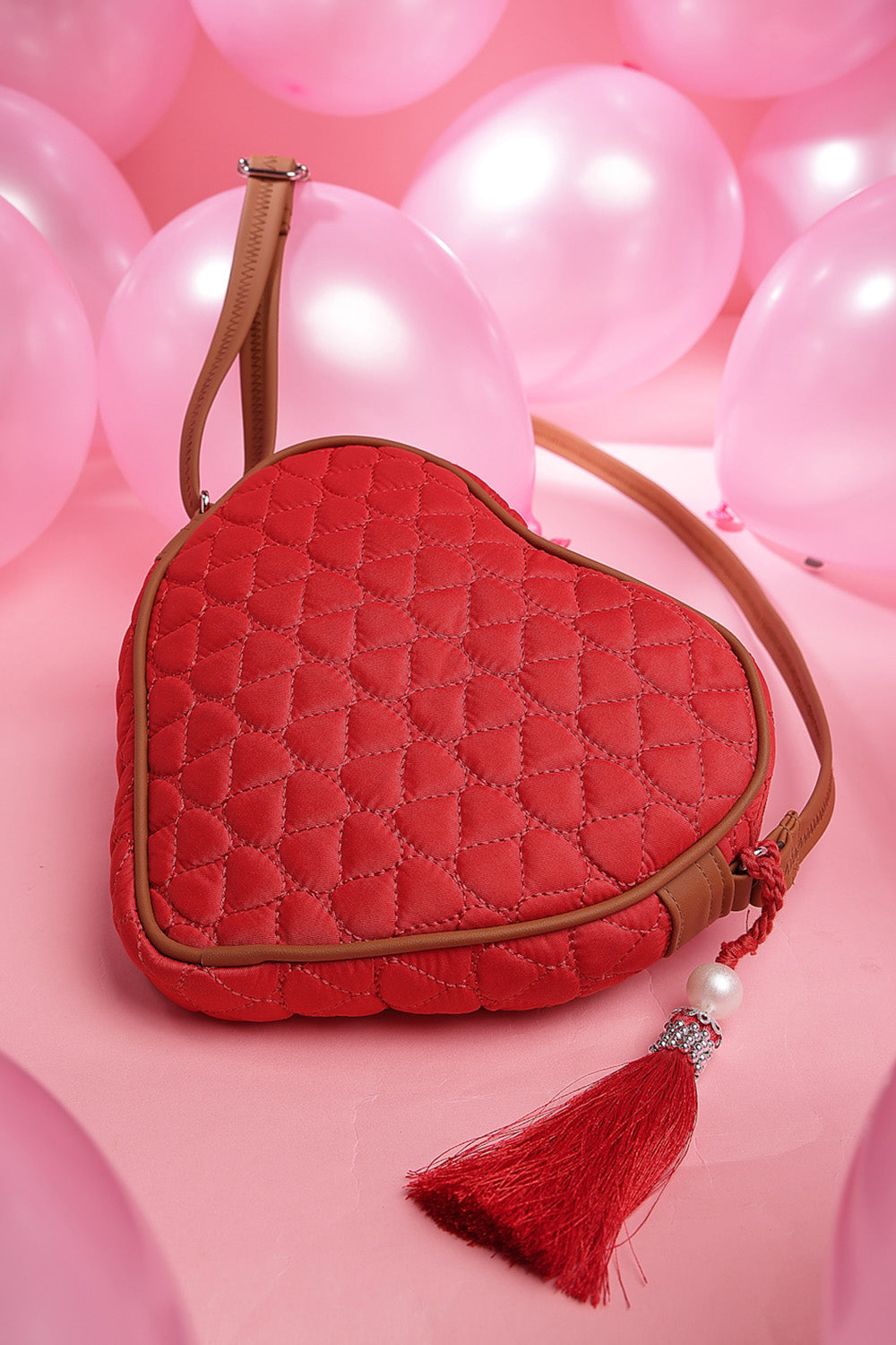 Red Chevron Quilted Polyester & Vegan Leather Sling Bag