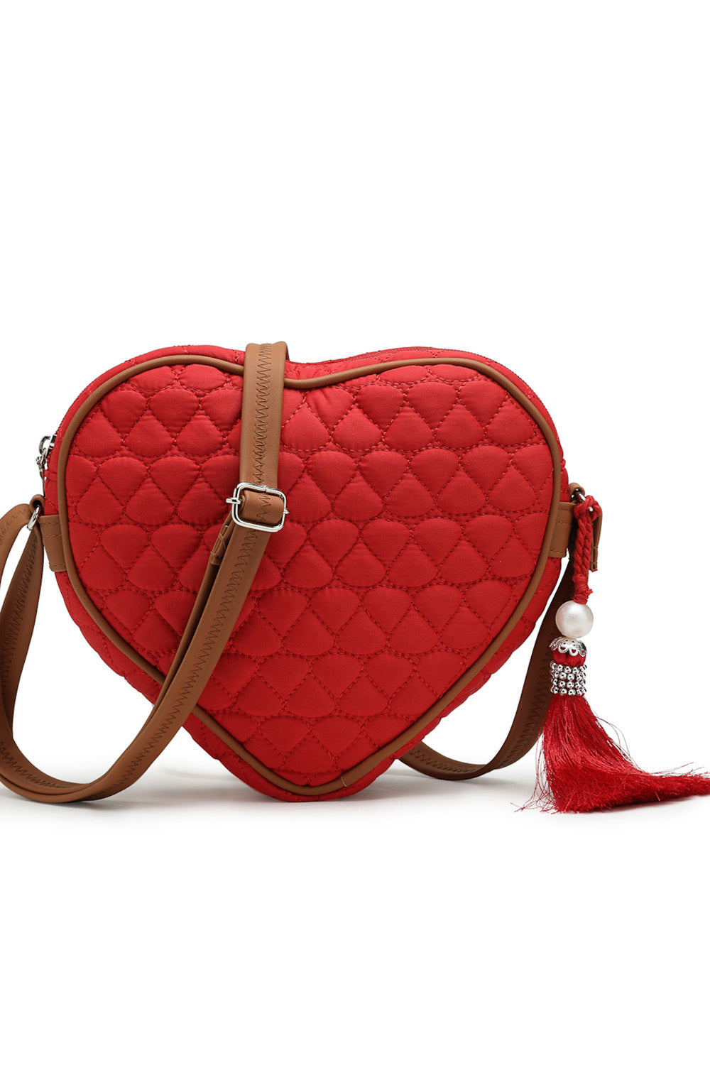 Red Chevron Quilted Polyester & Vegan Leather Sling Bag