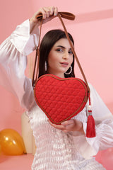 Red Chevron Quilted Polyester & Vegan Leather Sling Bag