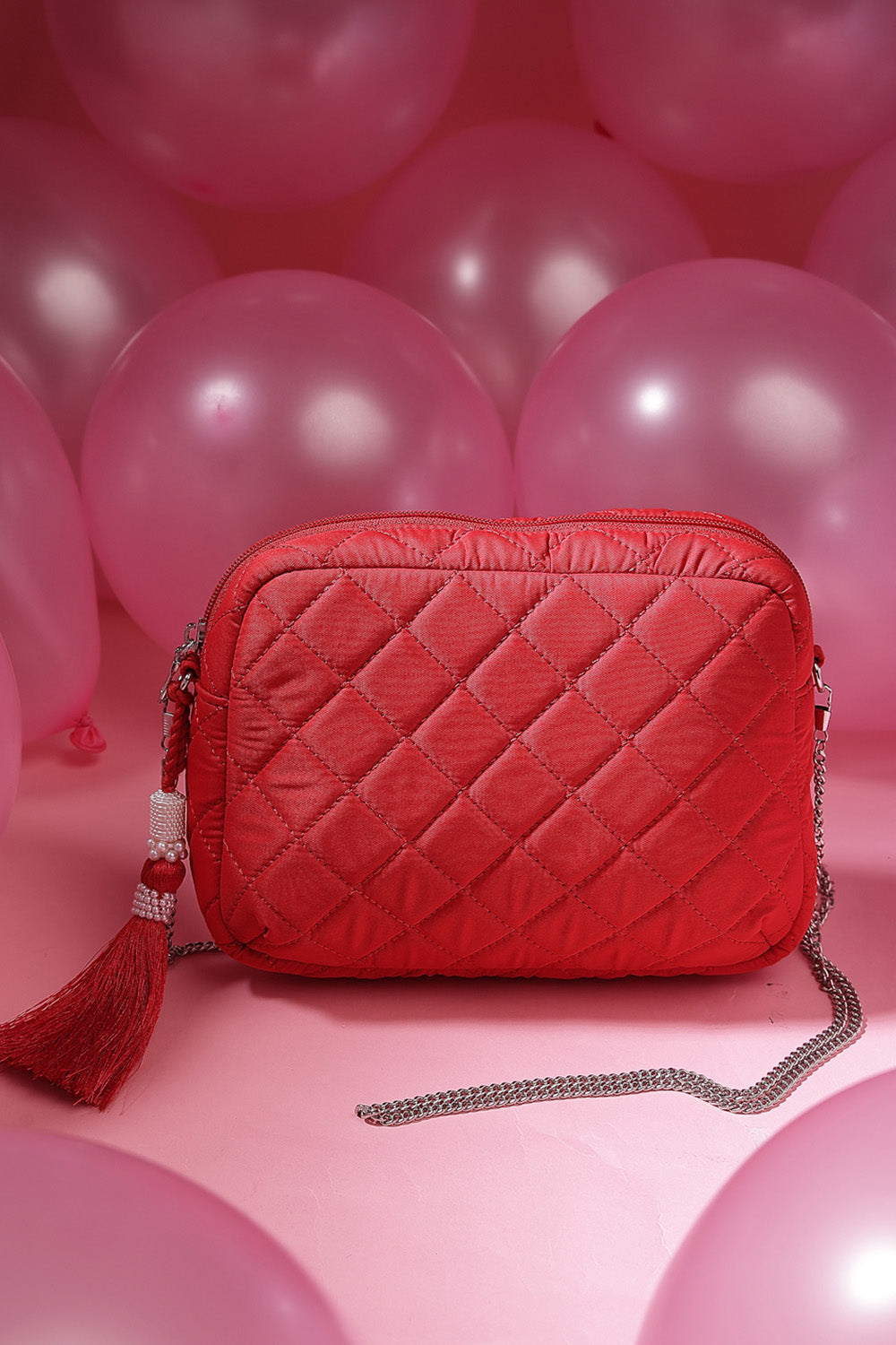 Red Diamond Quilted Polyester Sling Bag