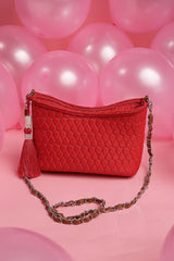 Red Chevron Quilted Polyester & Vegan Leather Sling Bag