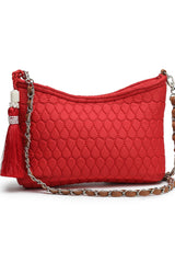 Red Chevron Quilted Polyester & Vegan Leather Sling Bag