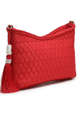 Red Chevron Quilted Polyester & Vegan Leather Sling Bag