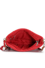 Red Chevron Quilted Polyester & Vegan Leather Sling Bag