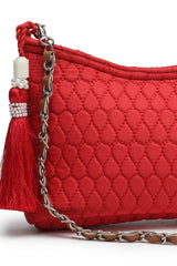 Red Chevron Quilted Polyester & Vegan Leather Sling Bag