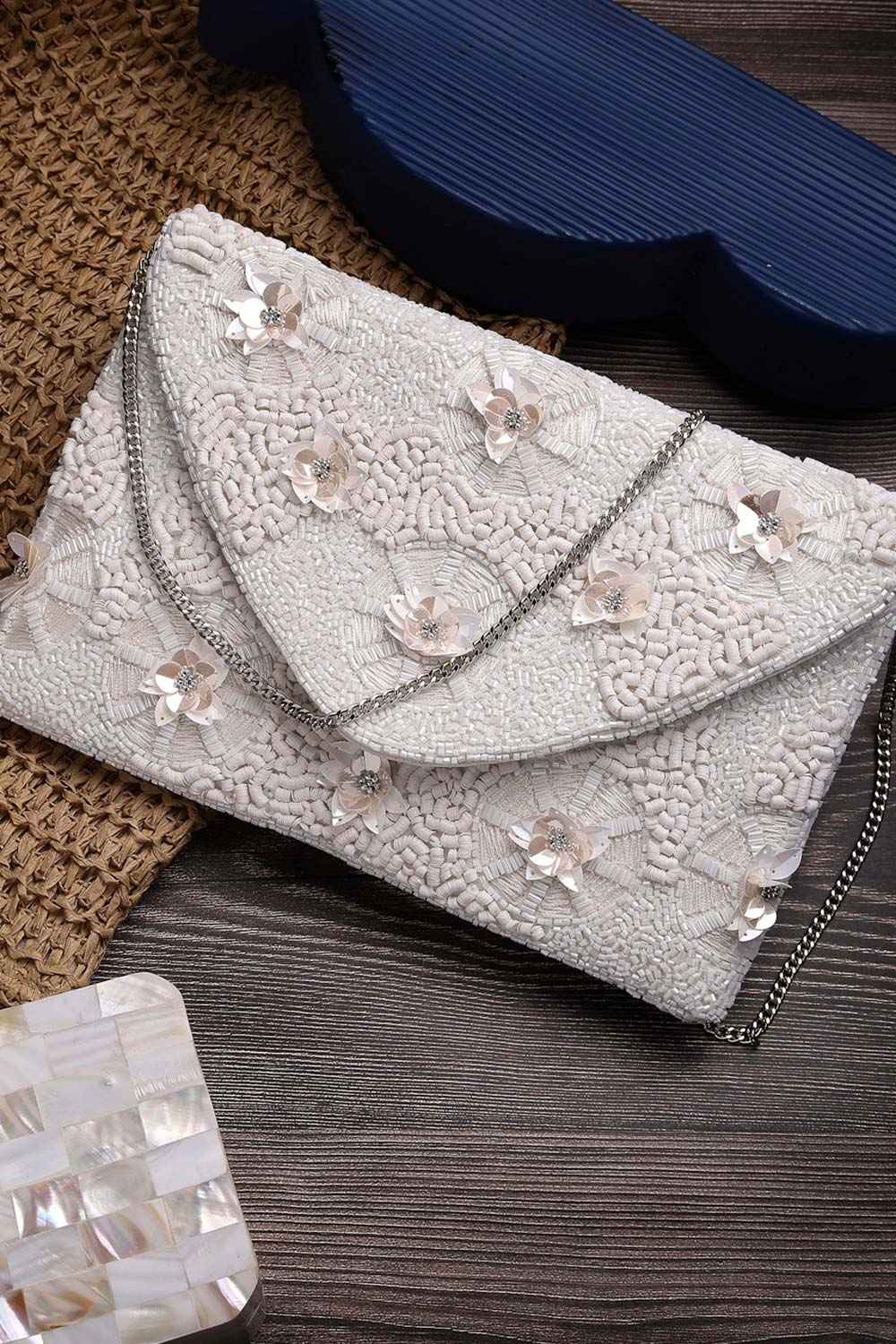 Boho White Floral Embellished Cotton Canvas Sling Bag