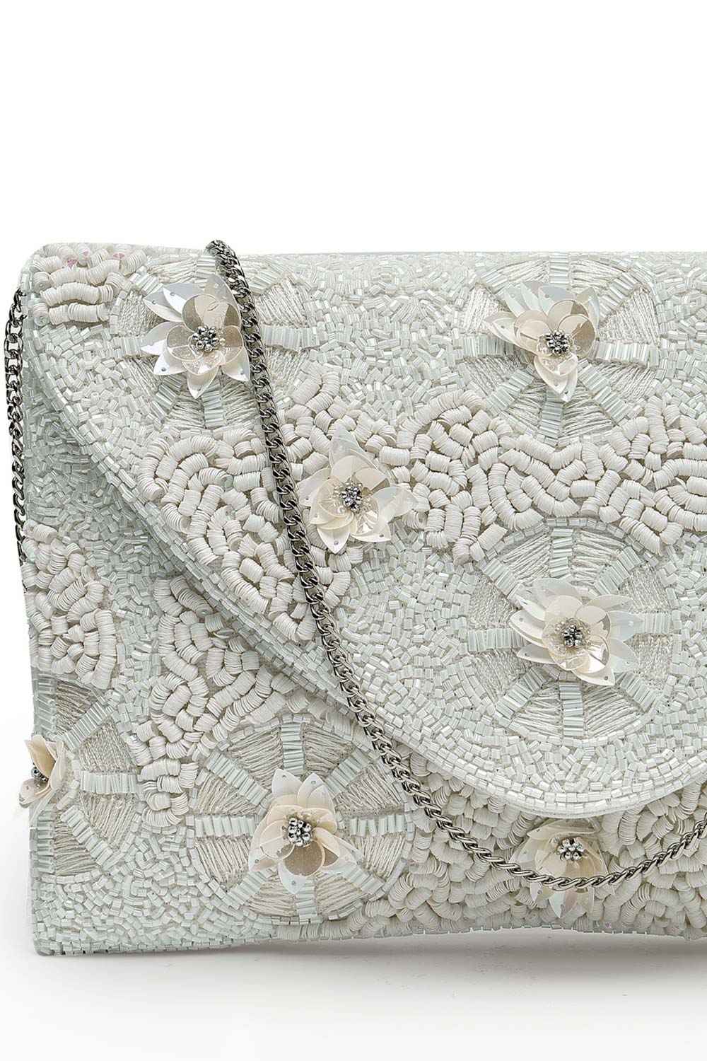 Boho White Floral Embellished Cotton Canvas Sling Bag