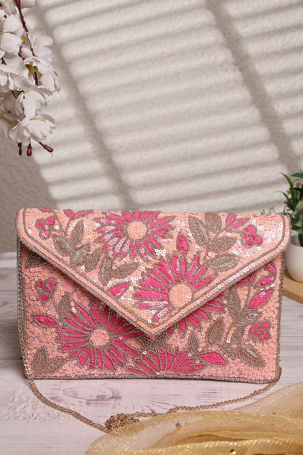 Pink Floral Embellished Satin Sling Bag