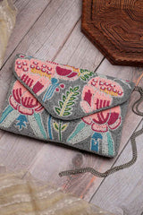 Grey Quirky Bead Work Cotton Sling Bag