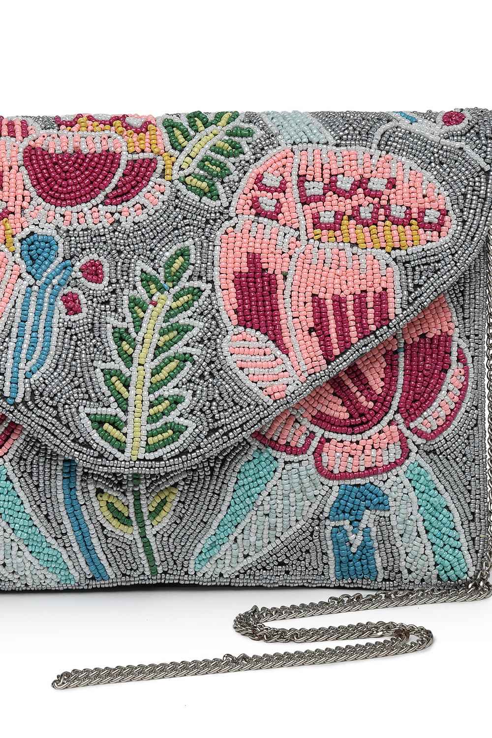 Grey Quirky Bead Work Cotton Sling Bag