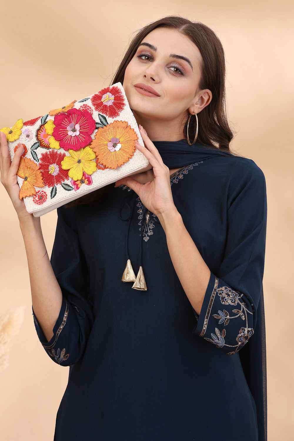 White Floral Patch Work Embellished Cotton Sling Bag