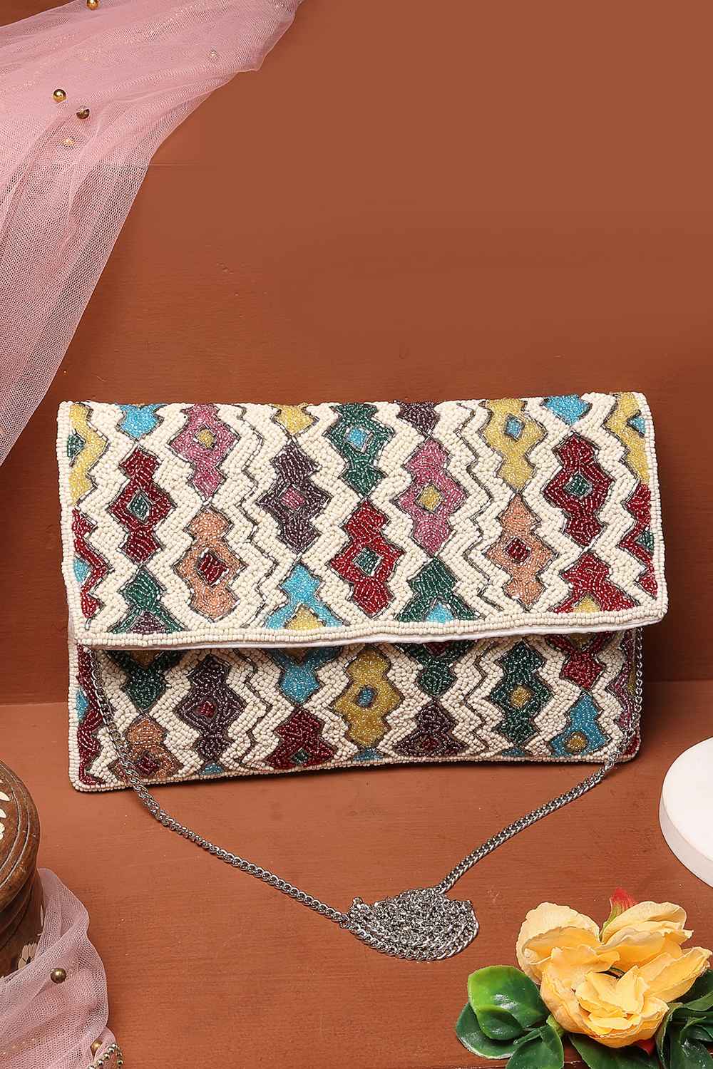 Multi-color Fret Embellished Cotton Sling Bag