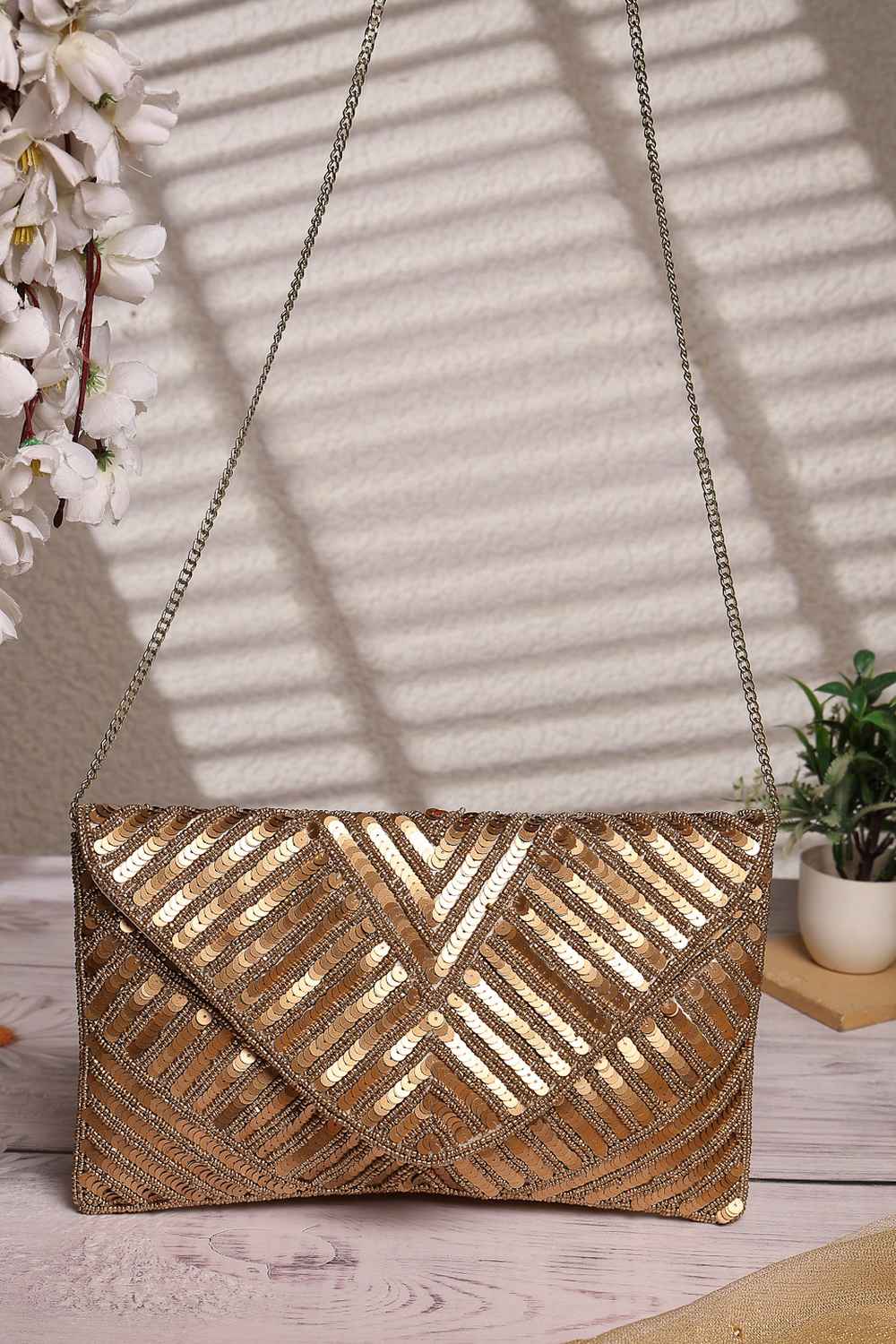 Gold Chevron Sequinned Embellished Satin Sling Bag