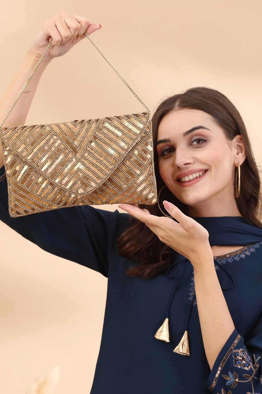 Gold Chevron Sequinned Embellished Satin Sling Bag