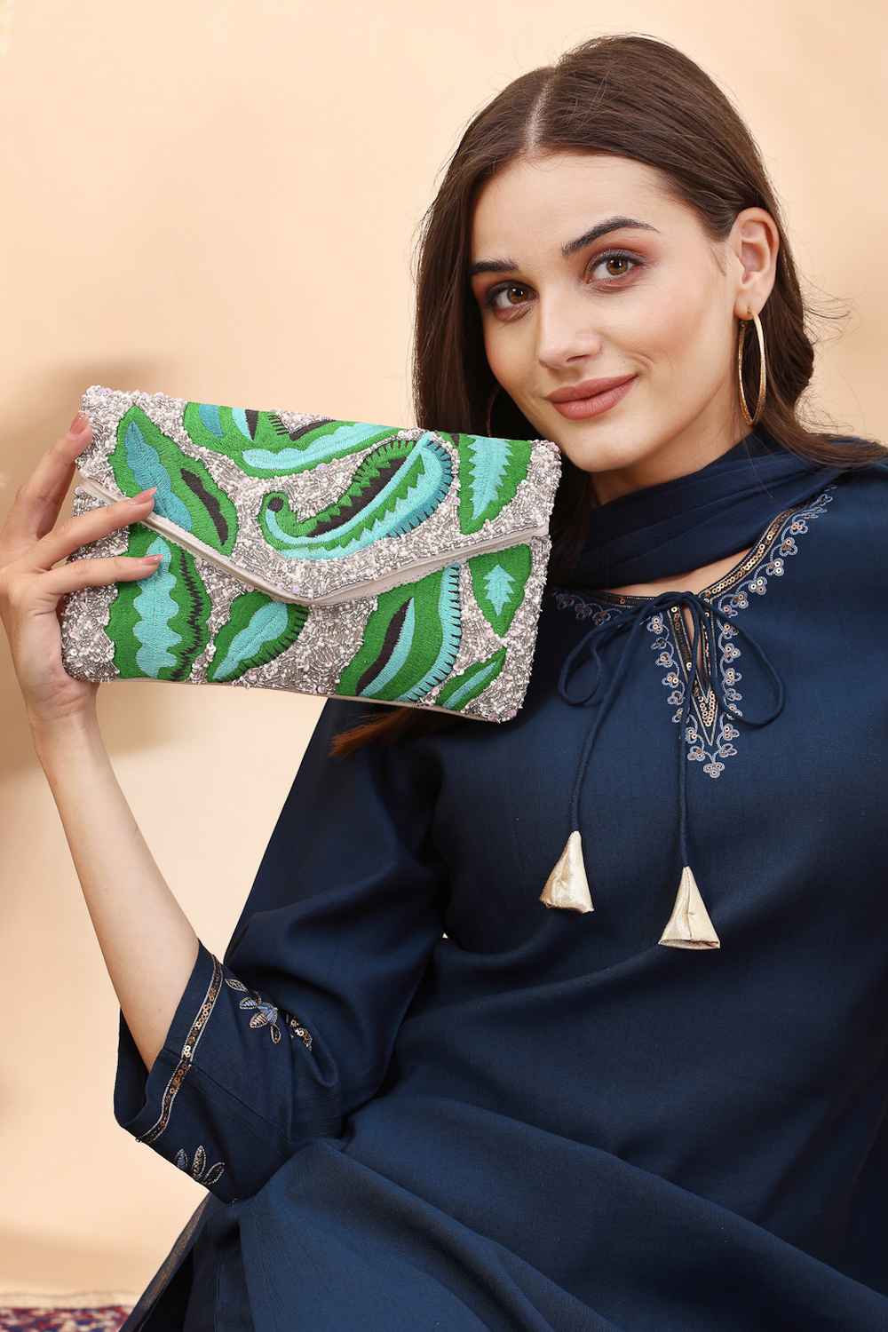 Green Botanical Embroidered Cotton Sling Bag