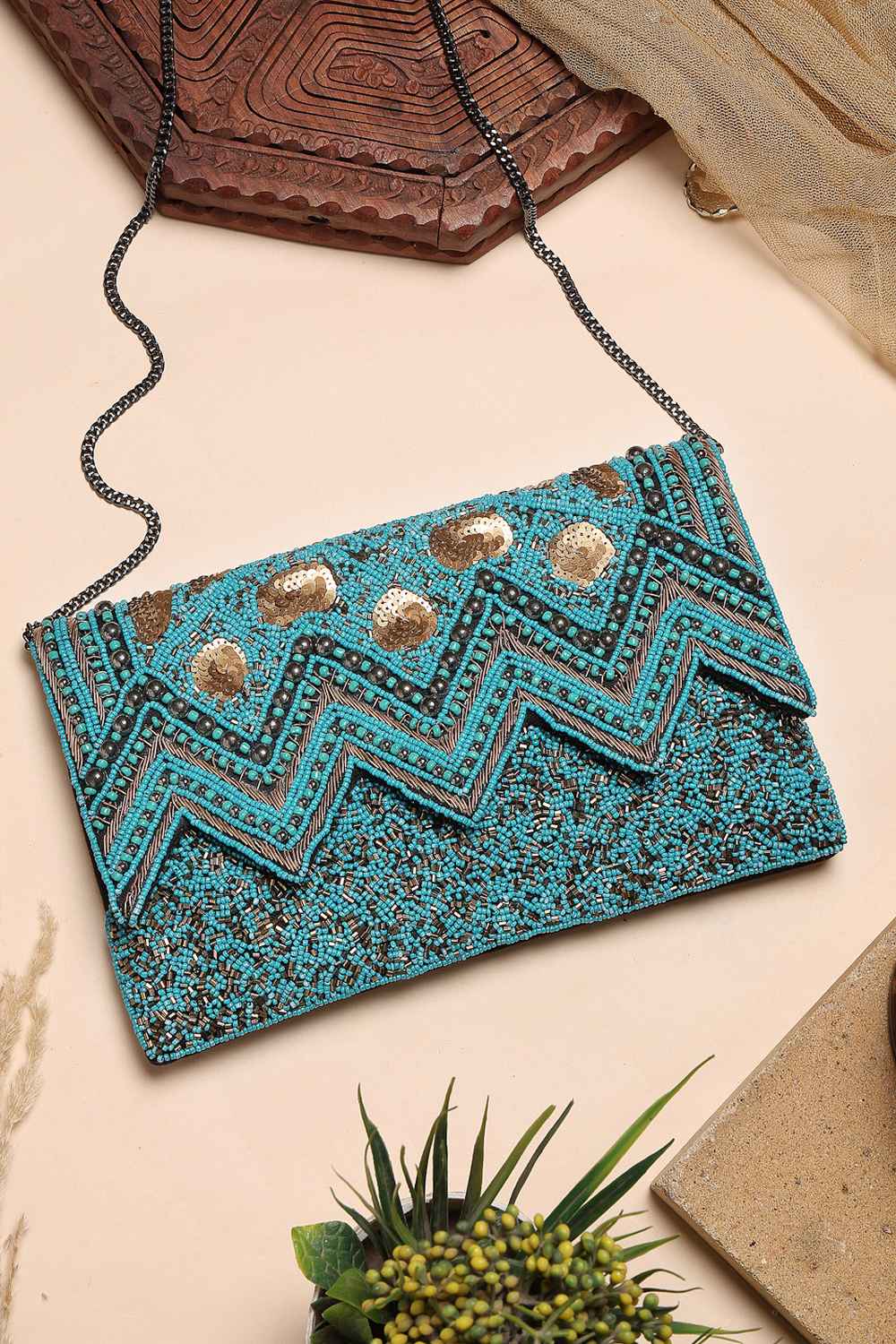 Turquoise Chevron Embellished Cotton Sling Bag