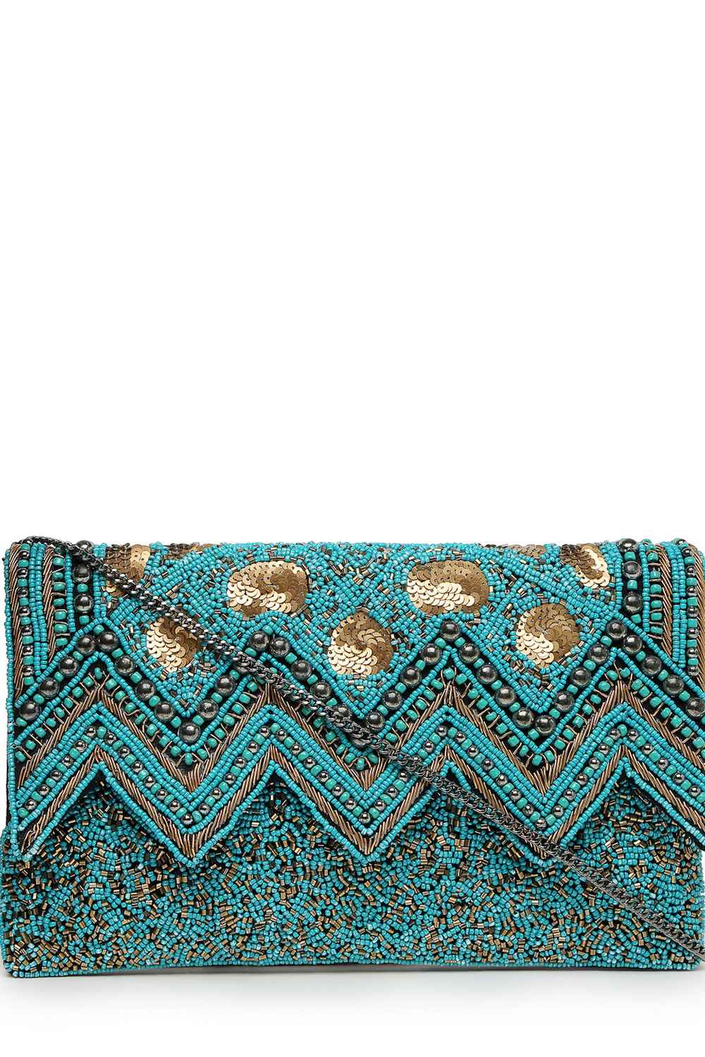 Turquoise Chevron Embellished Cotton Sling Bag