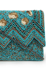 Turquoise Chevron Embellished Cotton Sling Bag