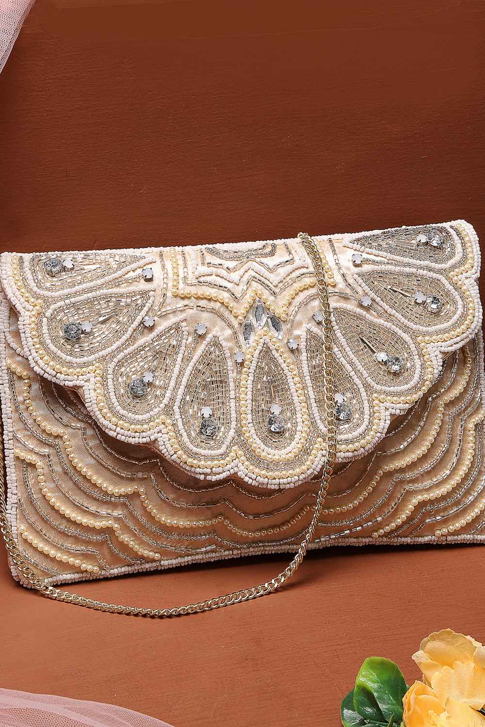 Ivory Scale & Paisley Embellished Satin Sling Bag