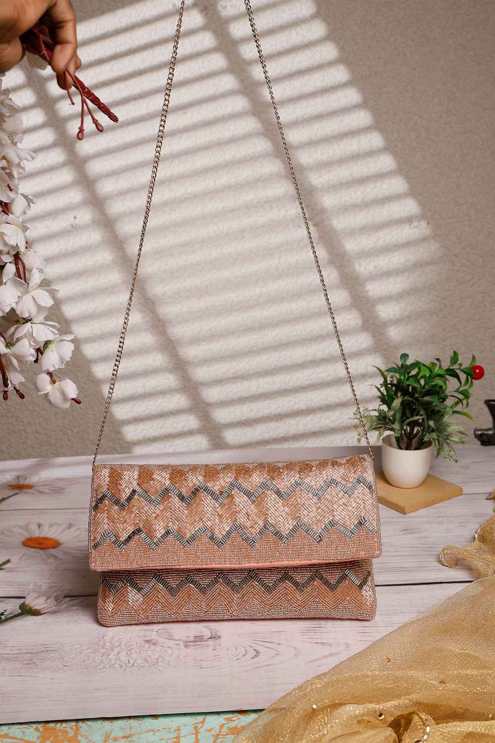 Pink Chevron Embellished Cotton Sling Bag