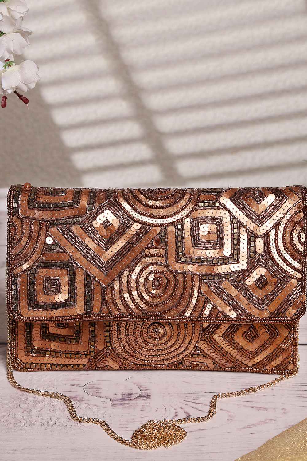 Brown Spectrum Embellished Satin Sling Bag