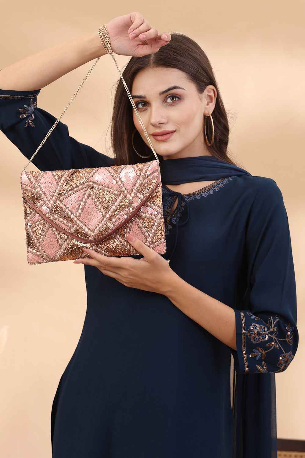 Pink Lane's Net Sequinned Cotton Sling Bag