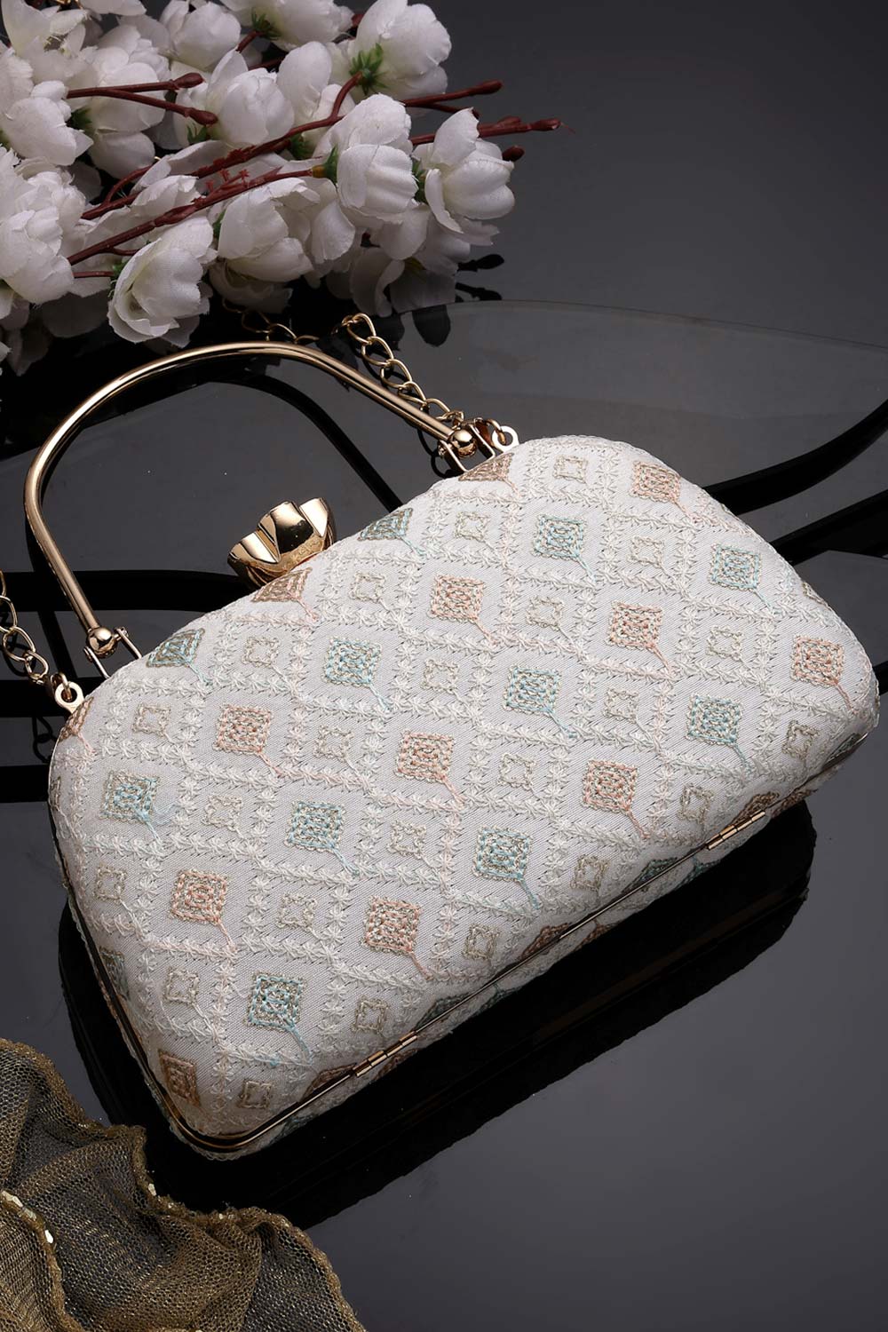 Hue White And Multi Diamond Embroidered Faux Silk Clutch