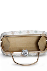 Hue White And Multi Diamond Embroidered Faux Silk Clutch