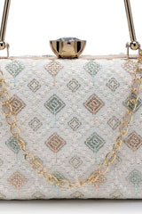 Hue White And Multi Diamond Embroidered Faux Silk Clutch