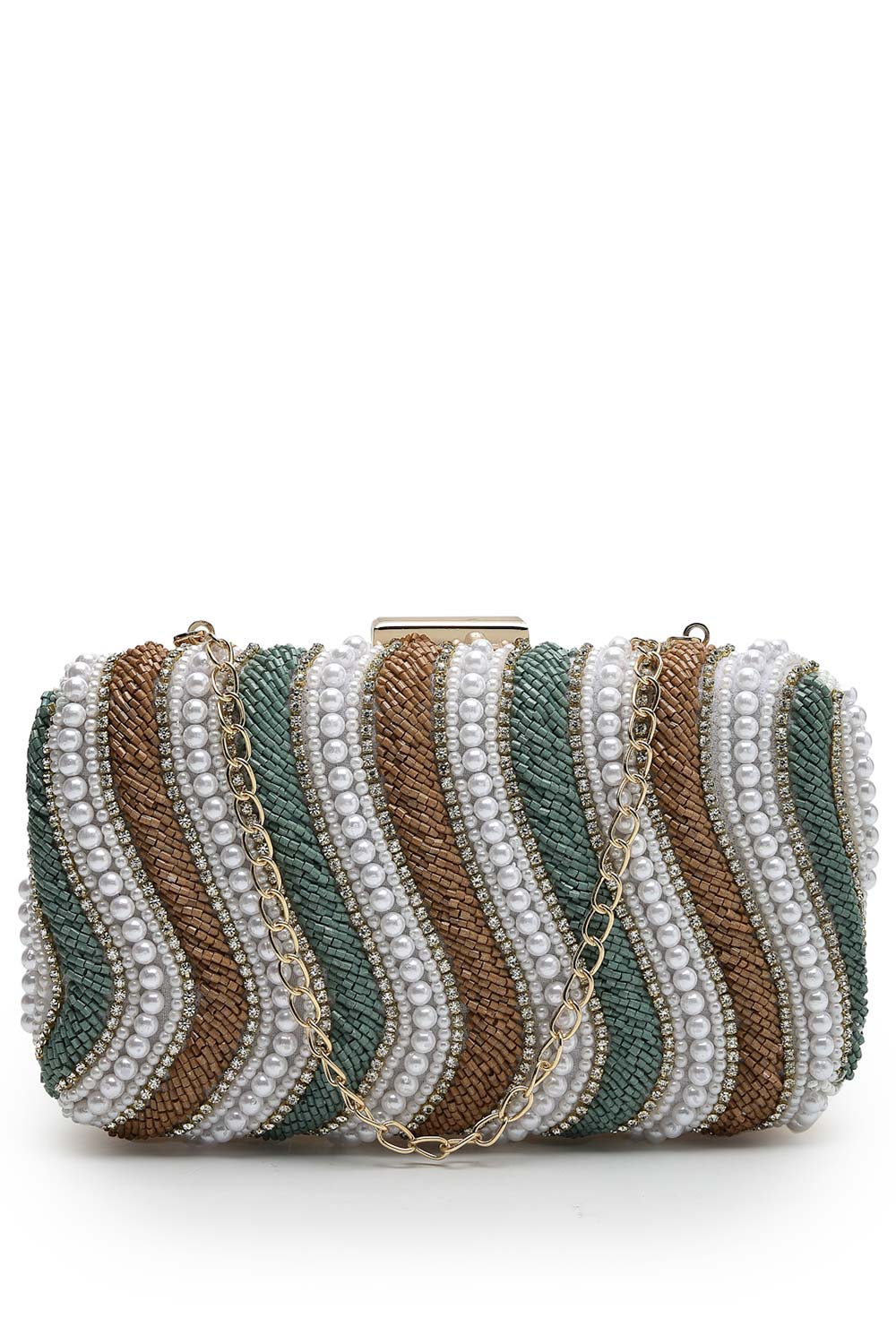 Adorn Peanut Brown, Teal Green And White Wave Embellished Faux Silk Clutch