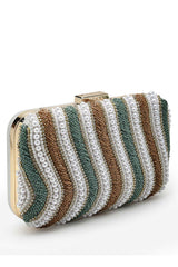 Adorn Peanut Brown, Teal Green And White Wave Embellished Faux Silk Clutch