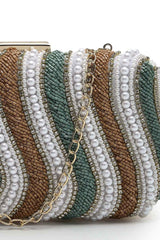 Adorn Peanut Brown, Teal Green And White Wave Embellished Faux Silk Clutch