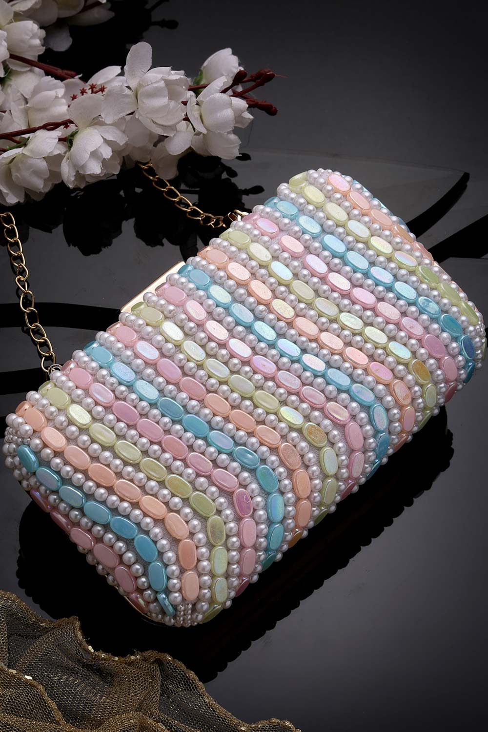 Adorn Pastel Multi Wave Embellished Faux Silk Clutch