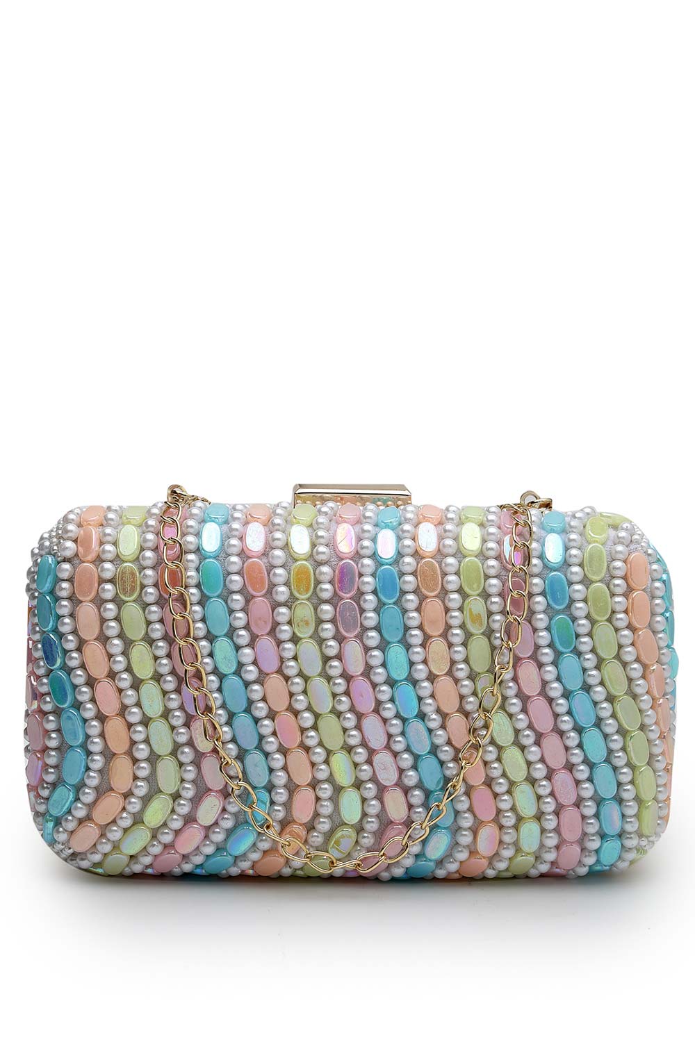 Adorn Pastel Multi Wave Embellished Faux Silk Clutch