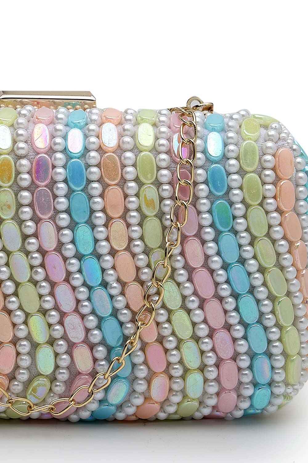 Adorn Pastel Multi Wave Embellished Faux Silk Clutch