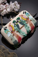 Adorn Off White And Multi Quirky Embellished Corduroy Clutch