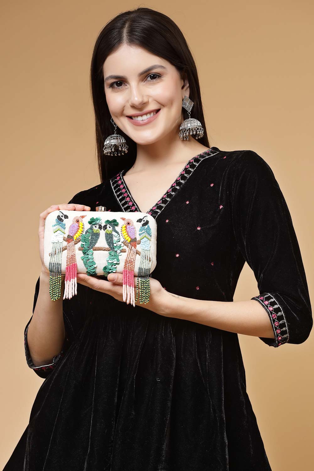 Adorn Off White And Multi Quirky Embellished Corduroy Clutch