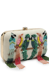 Adorn Off White And Multi Quirky Embellished Corduroy Clutch