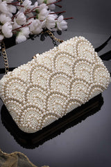 Adorn Off White Pearl Embellished Corduroy Clutch