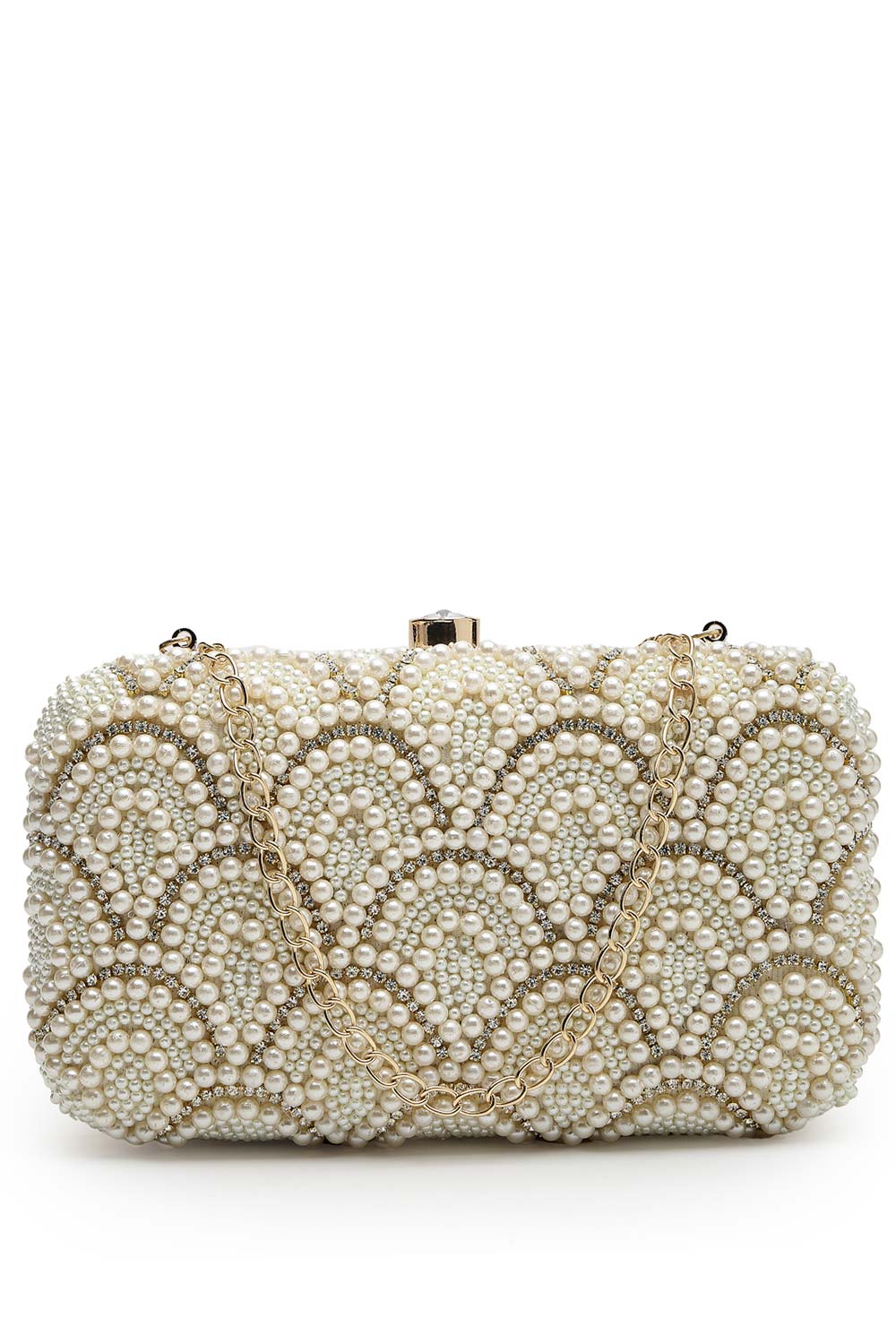 Adorn Off White Pearl Embellished Corduroy Clutch