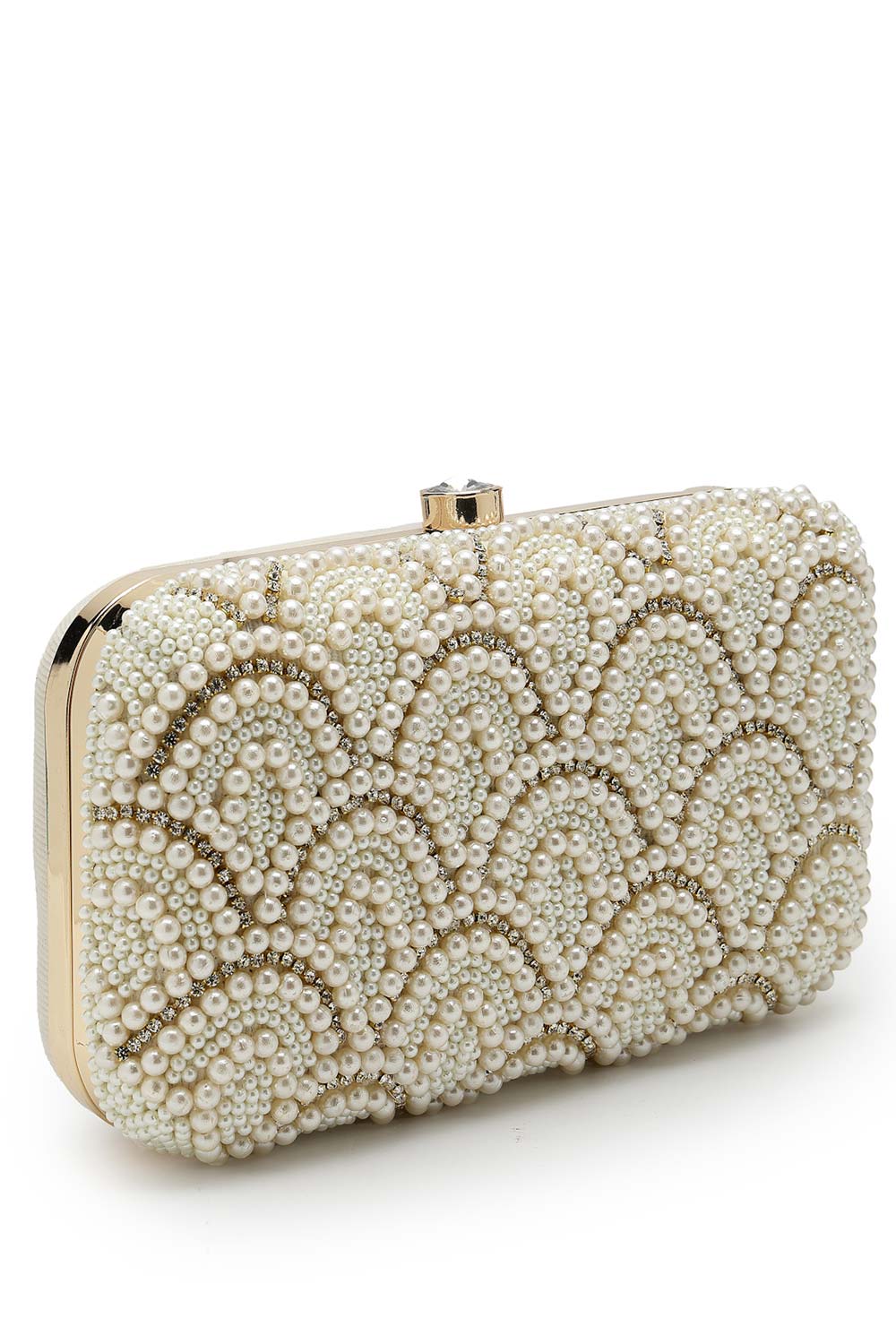 Adorn Off White Pearl Embellished Corduroy Clutch