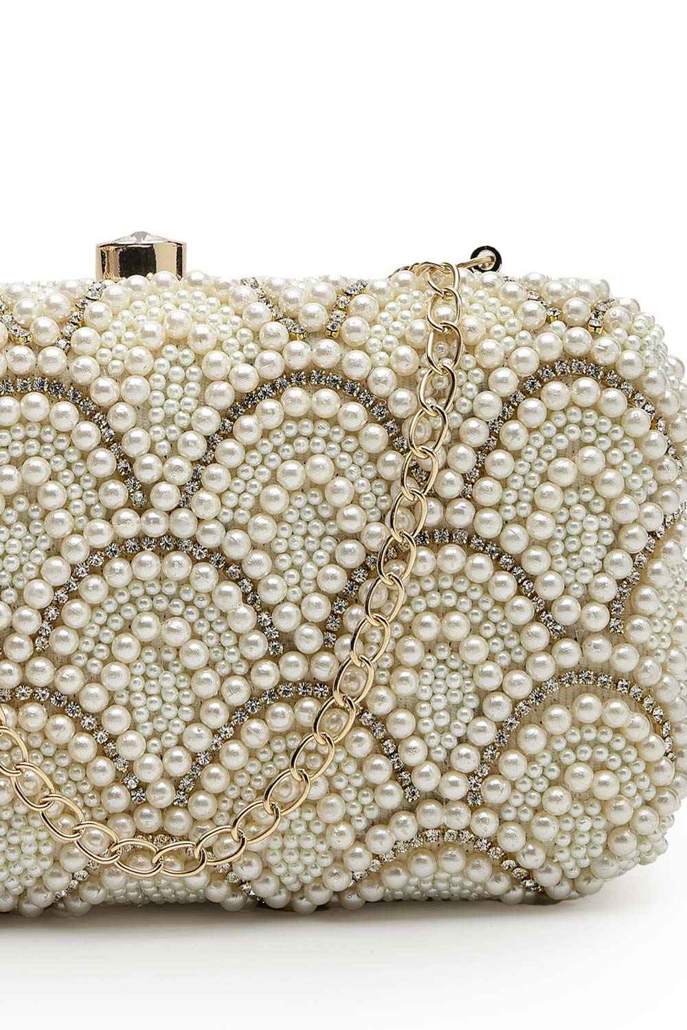 Adorn Off White Pearl Embellished Corduroy Clutch