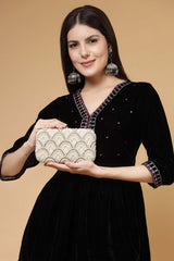 Adorn Off White Pearl Embellished Corduroy Clutch